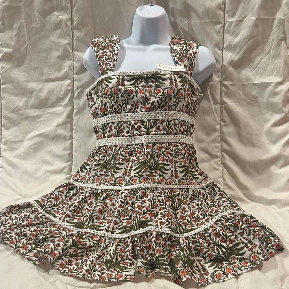 SAYLOR Cream Floral Mini Dress with Green and Orange Print